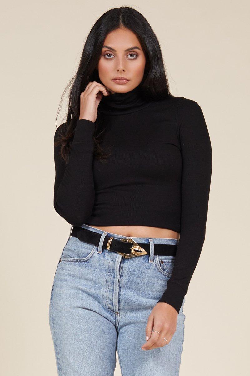 black cropped turtleneck in ribbed fabric